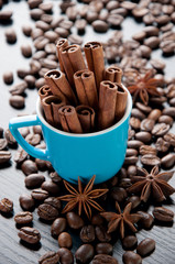 Espresso cup with cinnamon sticks, coffee beans and anise