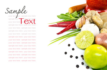 Fresh herbs and spices on white background