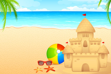 vector illustration of sand castle on sea beach