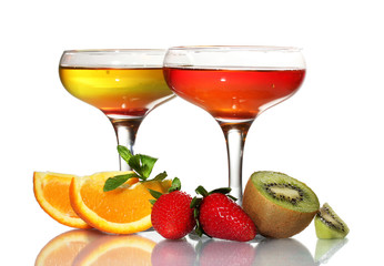 fruit jelly in glasses and fruits isolated on white