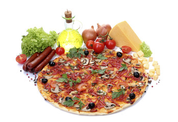 delicious pizza, vegetables and salami isolated on white.