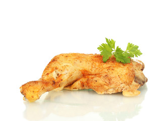 roasted chicken leg with parsley isolated on white