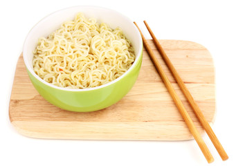 asian noodles in bowl on wooden board isolated on white