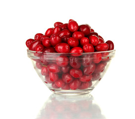 fresh cornel berries in glass bowl isolated on white