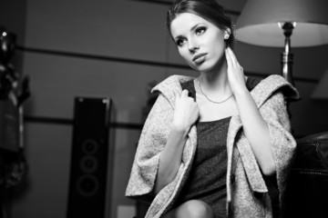 BW portrait of attractive brunette sexy girl