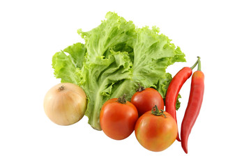 Green and red vegetables group on white background.