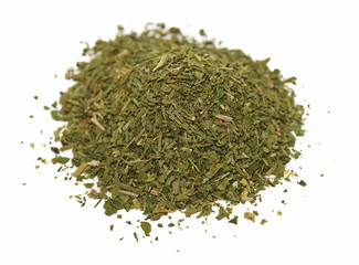 Pile chopped dried parsley leaves isolated on white background