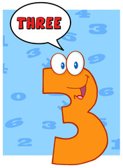 Funny Number Three Cartoon Character With Speech Bubble