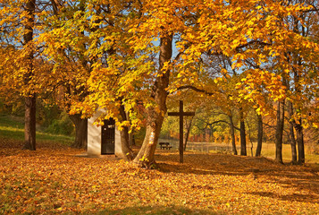 Naklejka premium Small house in the forest in autumn