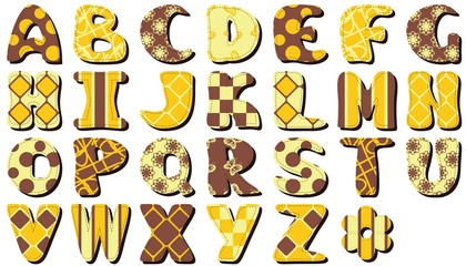 different textile scrapbook alphabet on white background