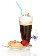 glass of coffee cocktail with croissants and strawberry