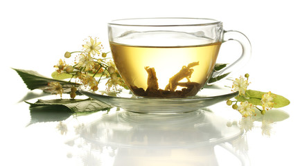 cup of linden tea and flowers isolated on white
