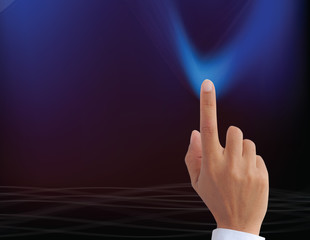 hand pointing on lines art glowing in colorful background