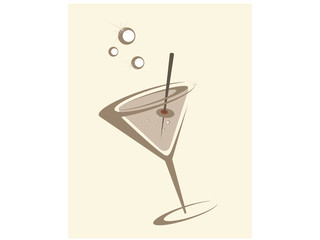 The stylized glass with a drink and an olive