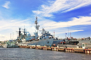 Fototapeta premium Flagship military ship in gulf.