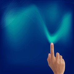 hand pointing on lines art glowing in colorful background