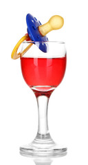 Baby dummy with alcoholic beverage isolated on white