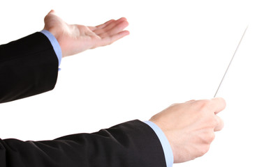 Music conductor hands with baton isolated on white