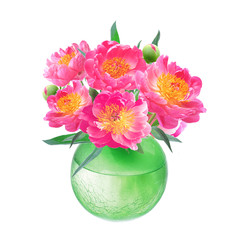 Peony Flowers Bouquet in Vase isolated on white background