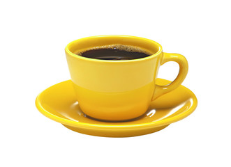 Yellow cup of coffee on plate isolated on white
