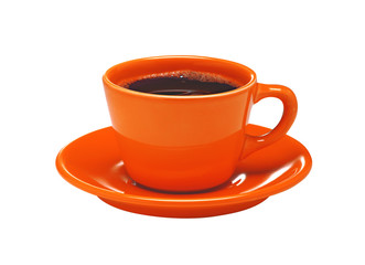 Red cup of coffee on plate isolated on white