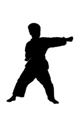 A silhouette of a full length portrait of a karate child exercis