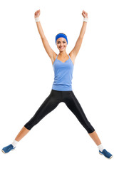 Cheerful young jumping woman, over white