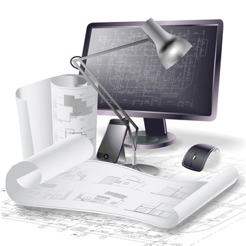 Architectural background with a monitor