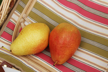Pears on a bright tablecloth