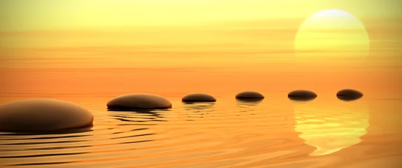 Gordijnen Zenpad van stenen bij zonsondergang in breedbeeld © dampoint