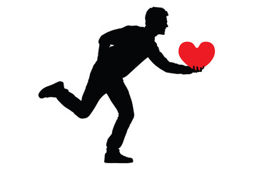 Silhouette of a man holding a red heart shaped pillow