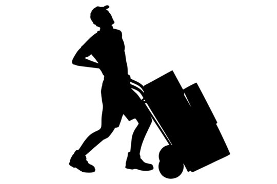 recommend clip art: A silhouette of a full length portrait of a delivery boy, suffer