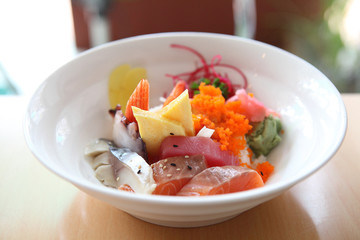 Bowl of Japanese mix sashimi don on rice