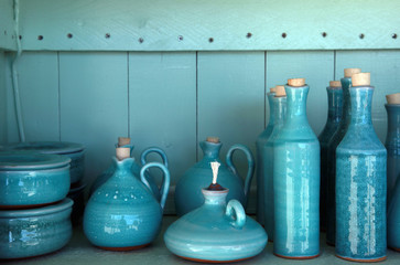 turquoise glazed ceramic pitchers, Crete , Greece