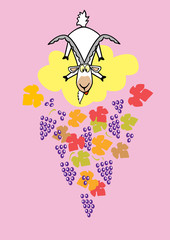 cartoon childish goat with grapes on pink background