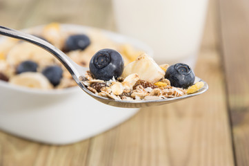 Muesli on a spoon with bowl in background