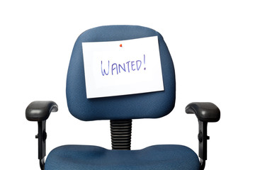 Office chair with a WANTED sign isolated on white background