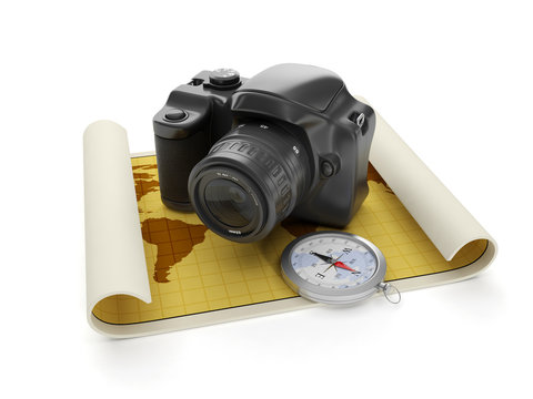 3d illustration: Travel and leisure tourism. The camera and a ma