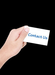 isolated hand holding white contact us business card