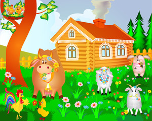 Obraz na płótnie Canvas house cow pig birds and sheep