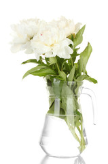 beautiful white peonies in glass vase with bow isolated on