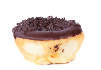Chocolate glazed donut isolated on white background.