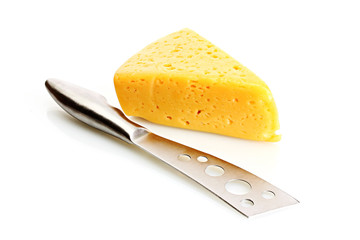 tasty cheese and knife isolated on white
