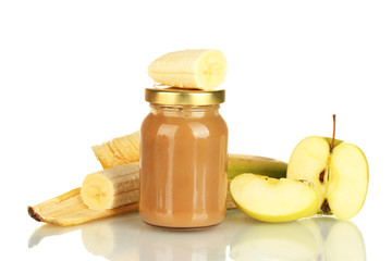 Jar with banana and apple baby food isolated on white