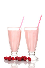 Pink milk shakes isolated on white