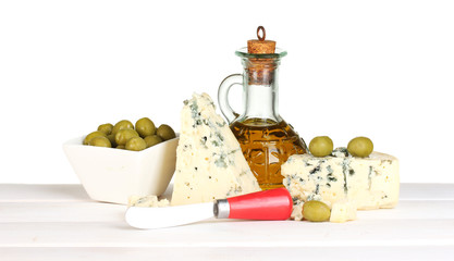 composition of blue cheese and olives in a bowl
