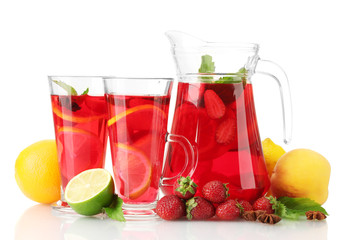 sangria in jar and glasses with fruits, isolated on white