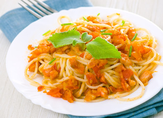 Spaghetti Bolognese on white plate