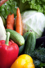 Fresh vegetables in a basket on white.