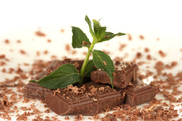Pieces of chocolate and mint